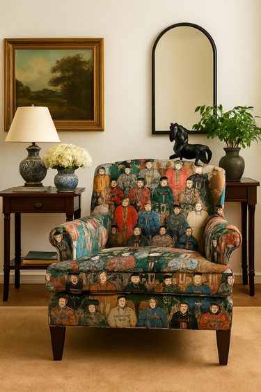 Oriental imperial portrait fabric with vibrant traditional robes in green, red, and blue on chair upholstery